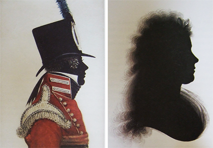 A two photo sequence showing, a soldier in silhouette with coloured uniform and a woman with well worked hair detail made with layers of thinned paint, built up over many applications