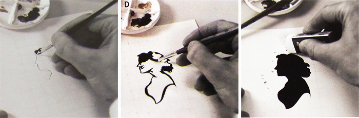 A three photo sequence showing the process of painting a silhouette