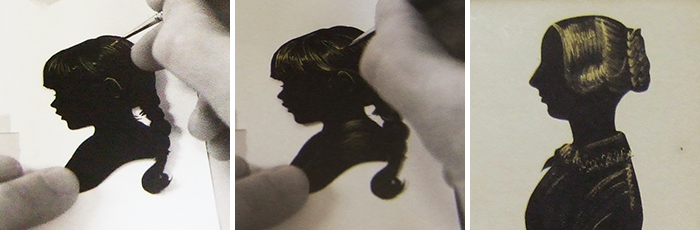 A three photo sequence showing the process of bronzing a silhouette and the final outcome
