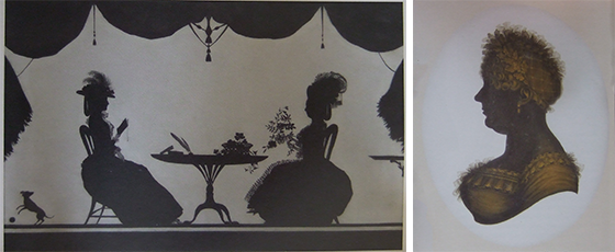 Two painted silhouettes, on the left a 'conversation piece' showing two seated women talking, by Francis Torond, on the right a bust-length portrait of a woman, by John Field.